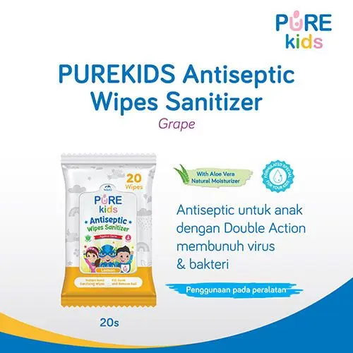 PUREKIDS ANTISEPTIC WIPES SANITIZER GRAPE 20'S