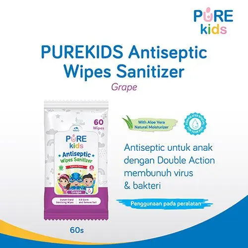 PUREKIDS ANTISEPTIC WIPES SANITIZER GRAPE 60'S